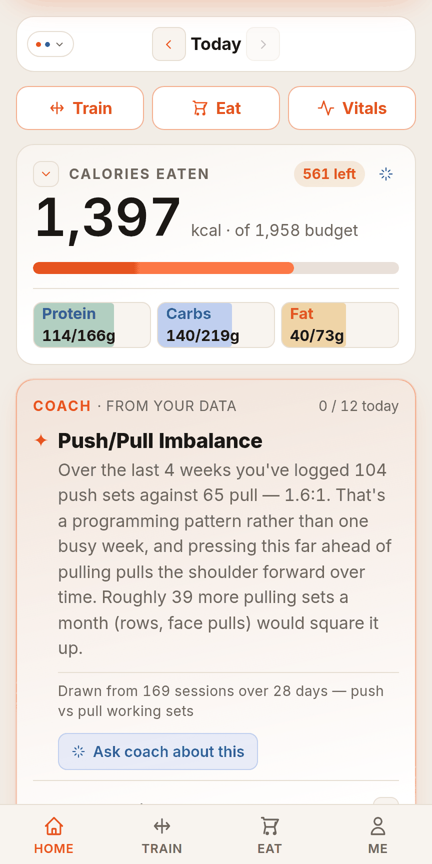 Coachero home screen: the day's calorie budget, macros and a coaching insight