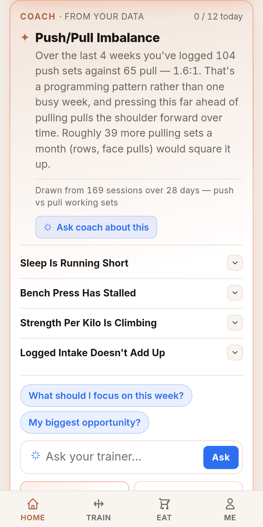 Coachero coach card reading insights from the user's own log
