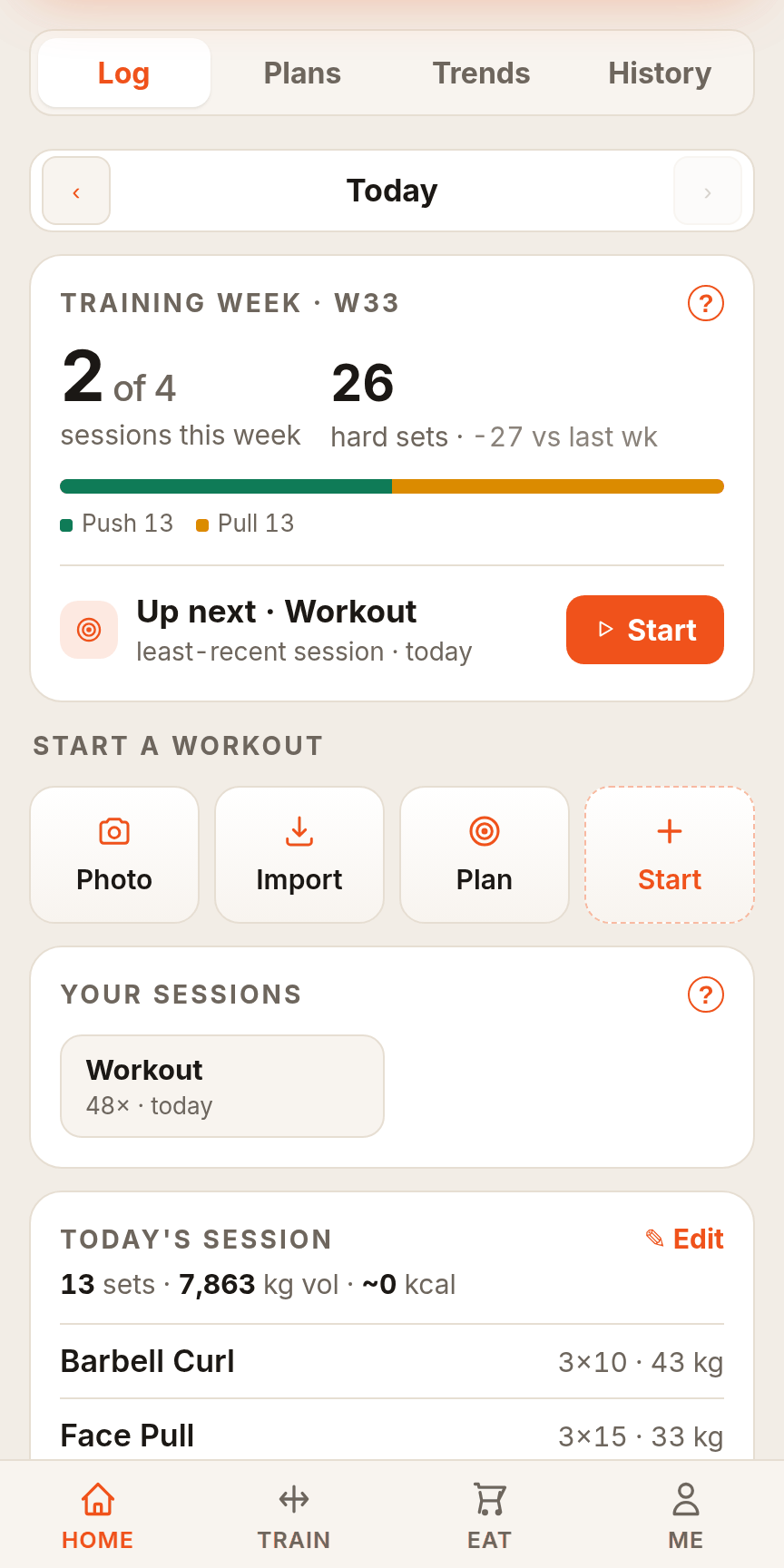 Train: training week, quick start, today's session