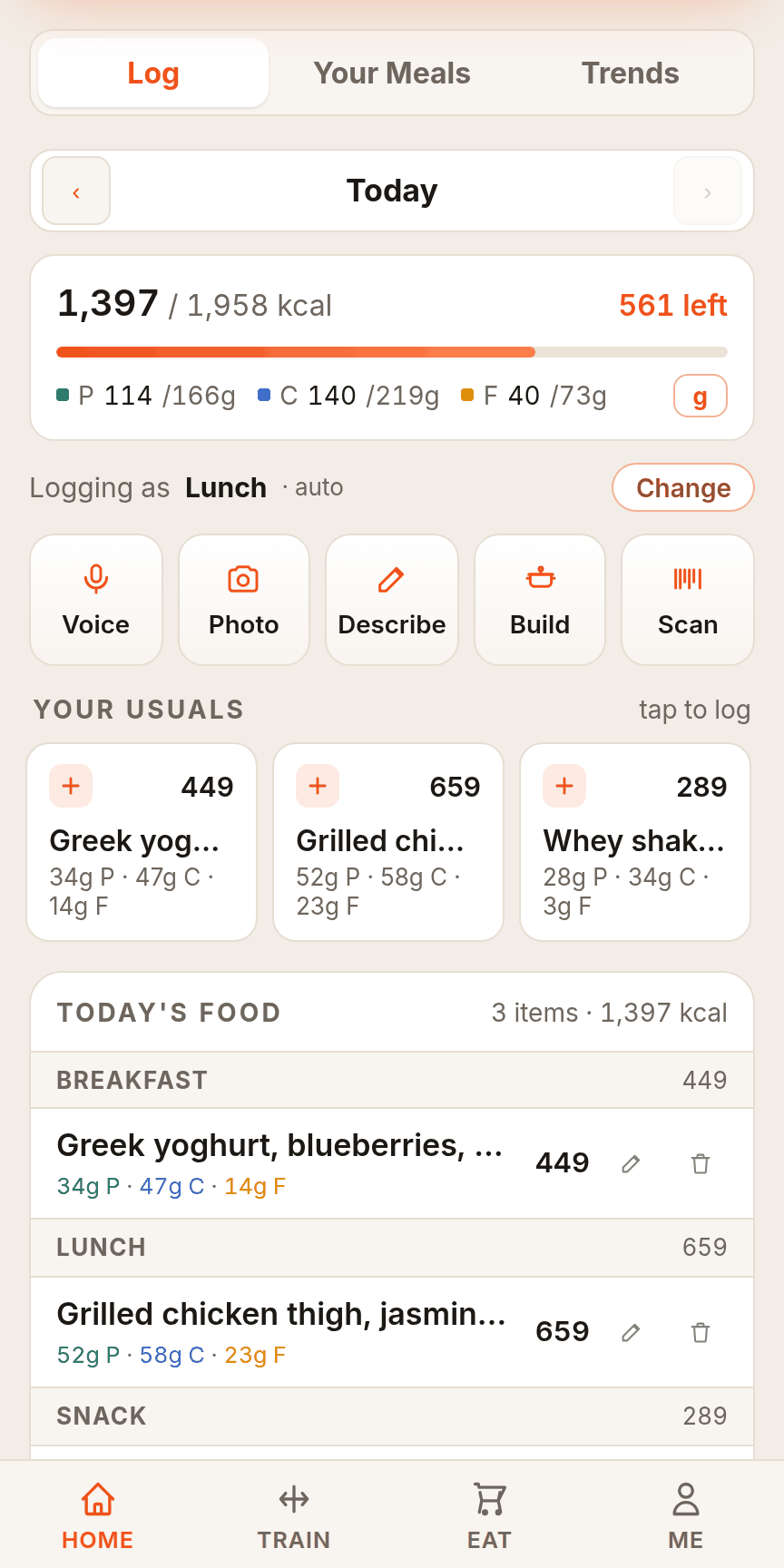 Eat: logging methods, usuals and today's food