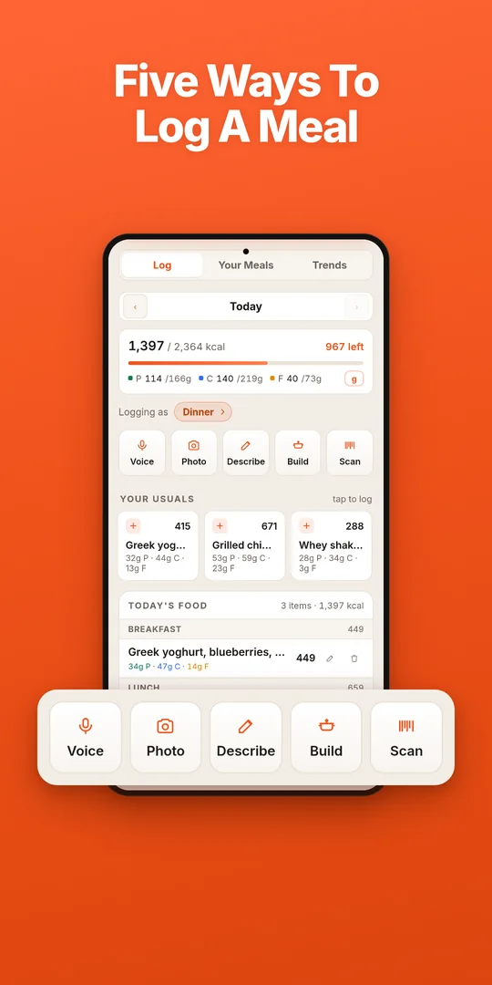 Five ways to log a meal: voice, photo, describe, build and scan